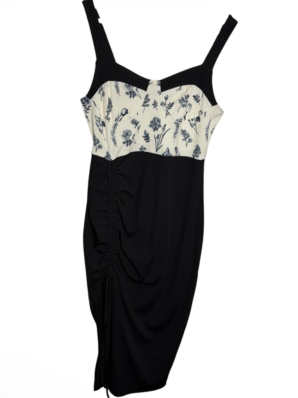 Cider black & cream ribbed floral doodle bodycon retro side slit dress size M